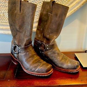 Frye harness boots in gray-brown leather